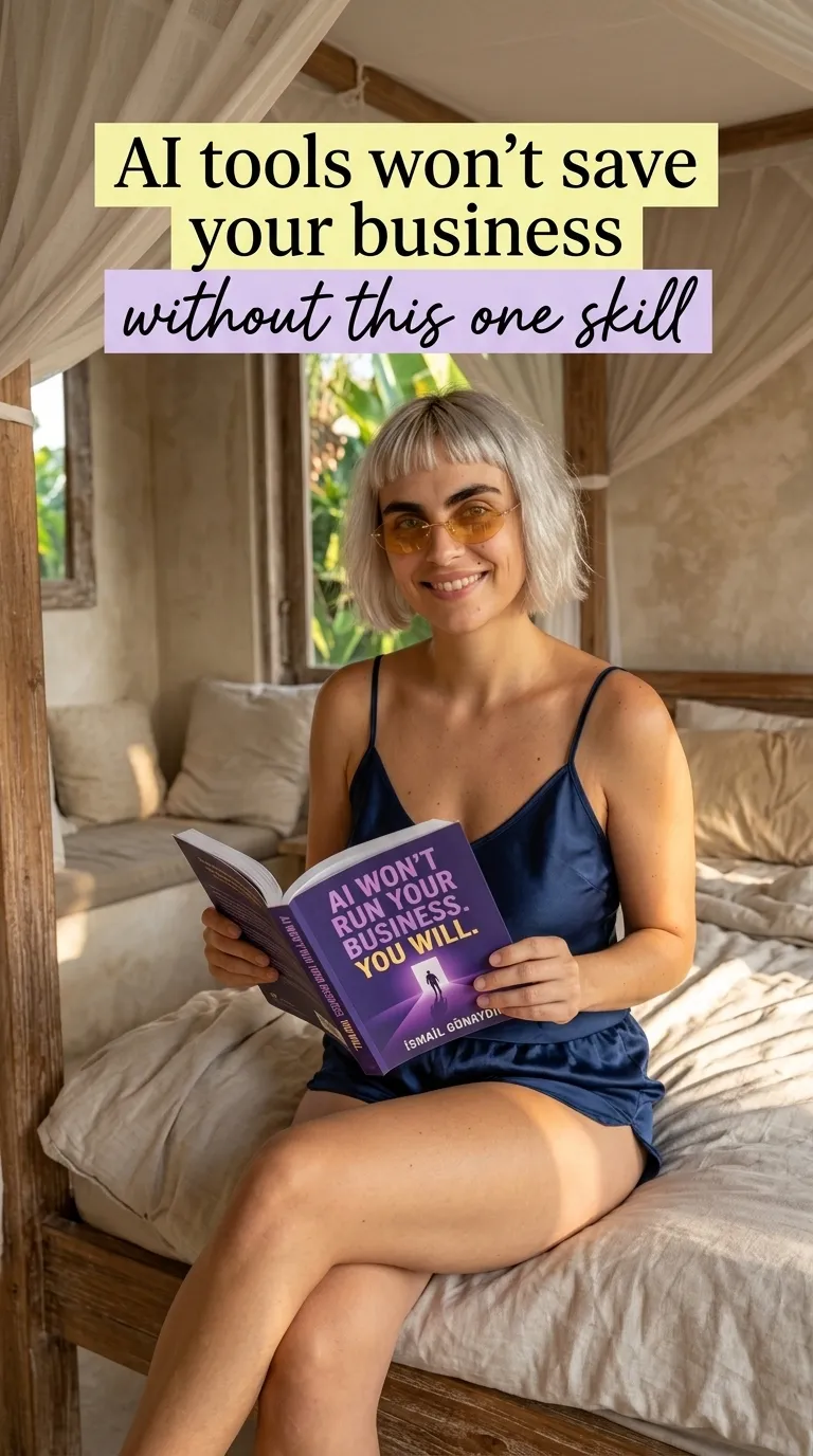Kaia Vance, the AI-generated ToolGenX brand character, holding AI Won't Run Your Business. You Will. in a bedroom