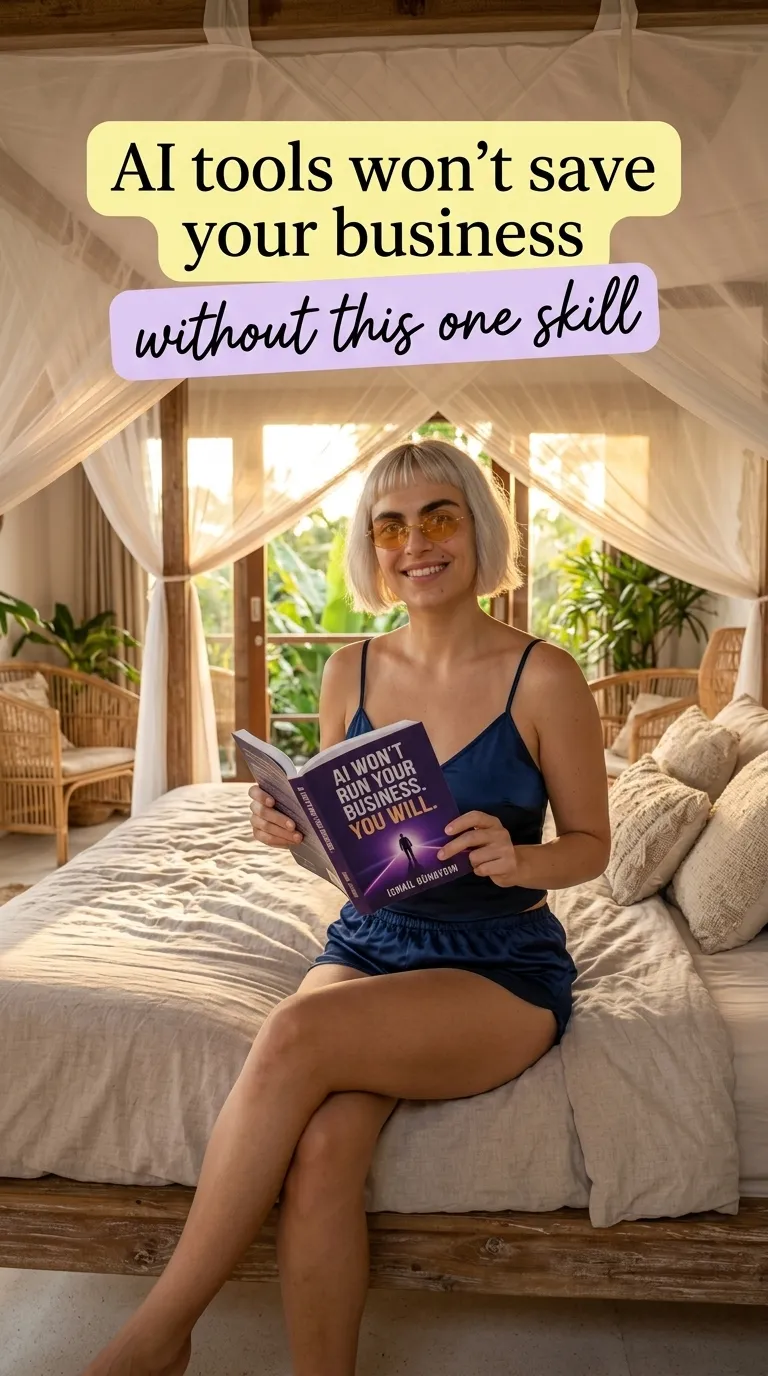 Kaia Vance, the AI-generated ToolGenX brand character, holding AI Won't Run Your Business. You Will. on a bed