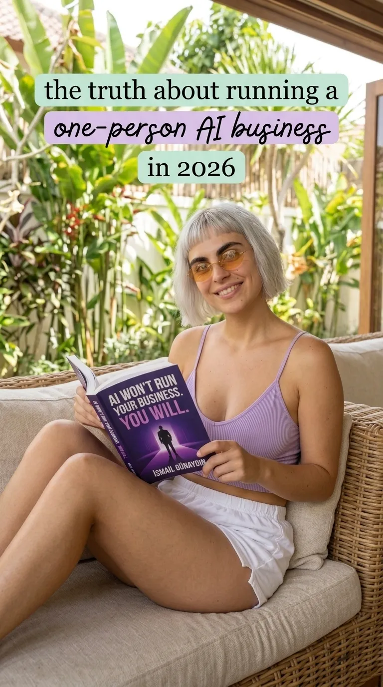 Kaia Vance, the AI-generated ToolGenX brand character, holding AI Won't Run Your Business. You Will. on a sofa