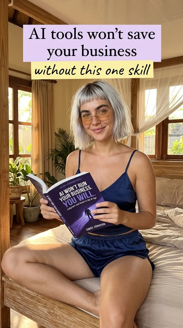 Kaia Vance, the AI-generated ToolGenX brand character, reading AI Won't Run Your Business. You Will. at home