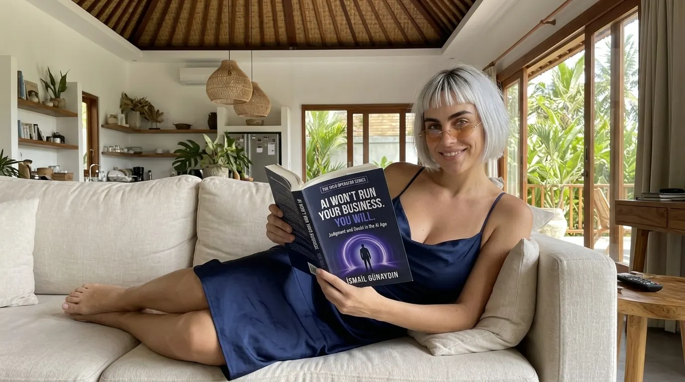 Kaia Vance, the AI-generated ToolGenX brand character, reading AI Won't Run Your Business. You Will. in a living room