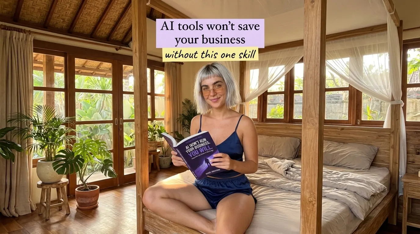 Kaia Vance, the AI-generated ToolGenX brand character, reading AI Won't Run Your Business. You Will. on a canopy bed