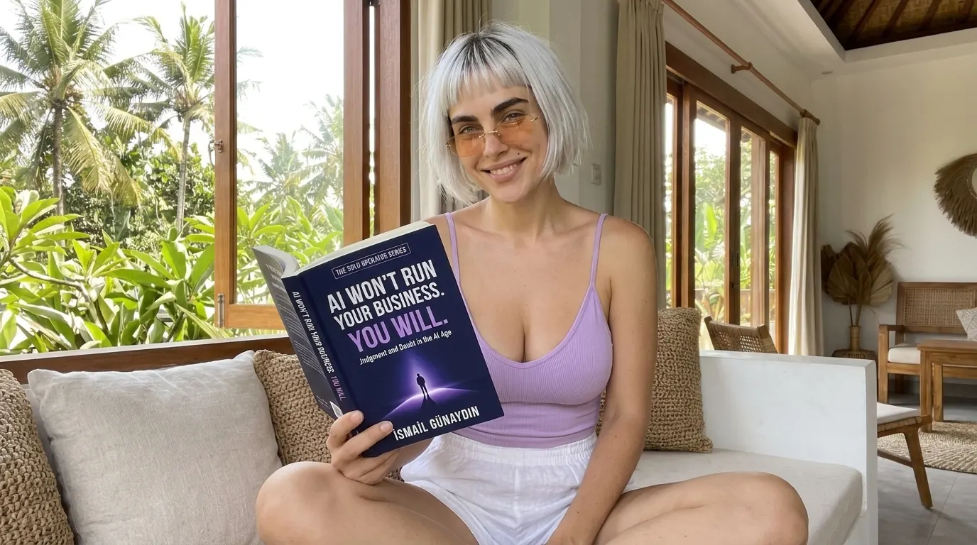 Kaia Vance, the AI-generated ToolGenX brand character, reading AI Won't Run Your Business. You Will. on a sofa