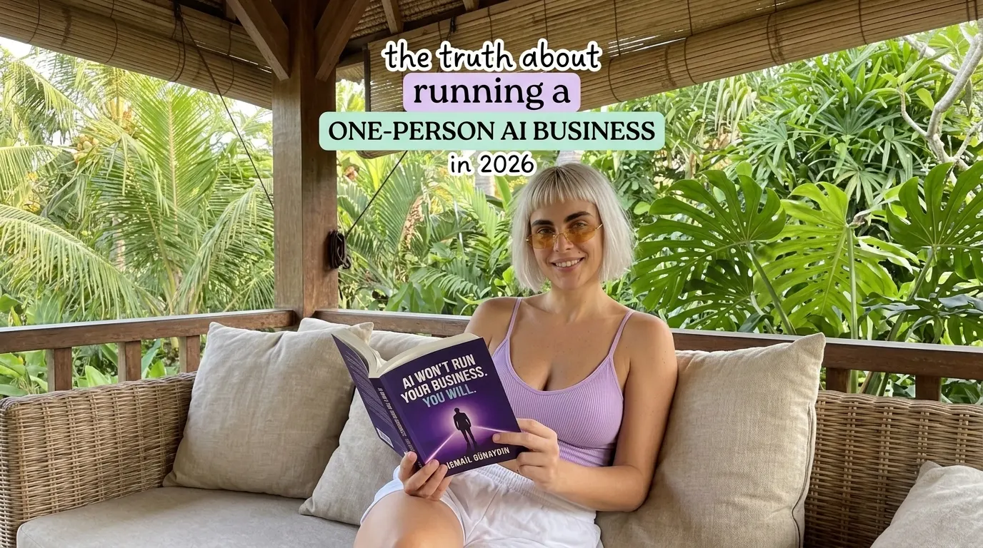 Kaia Vance, the AI-generated ToolGenX brand character, reading AI Won't Run Your Business. You Will. on a veranda