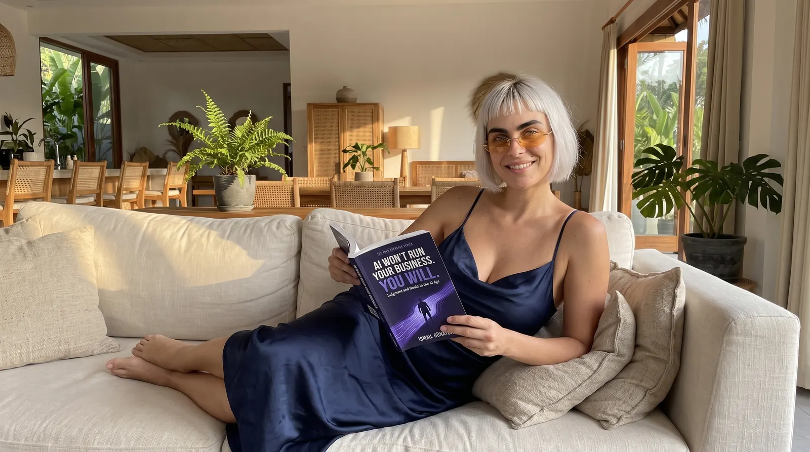 Kaia Vance, the AI-generated ToolGenX brand character, reading AI Won't Run Your Business. You Will. on a white sofa