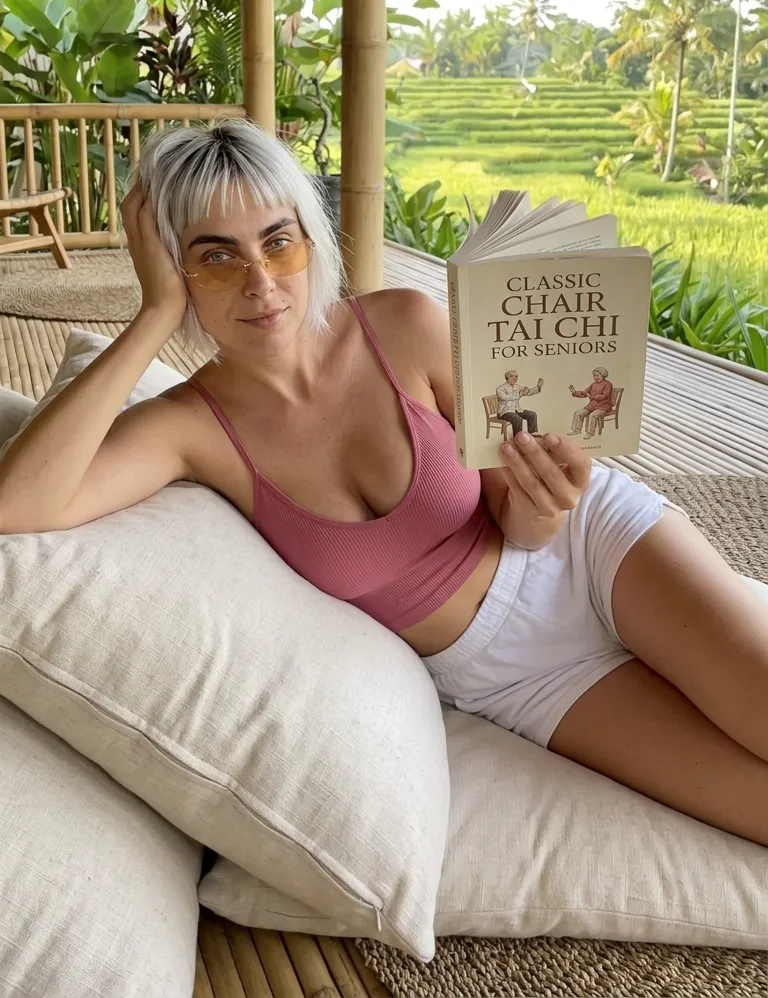 Kaia Vance, the AI-generated ToolGenX brand character, holding Classic Chair Tai Chi for Seniors in a villa