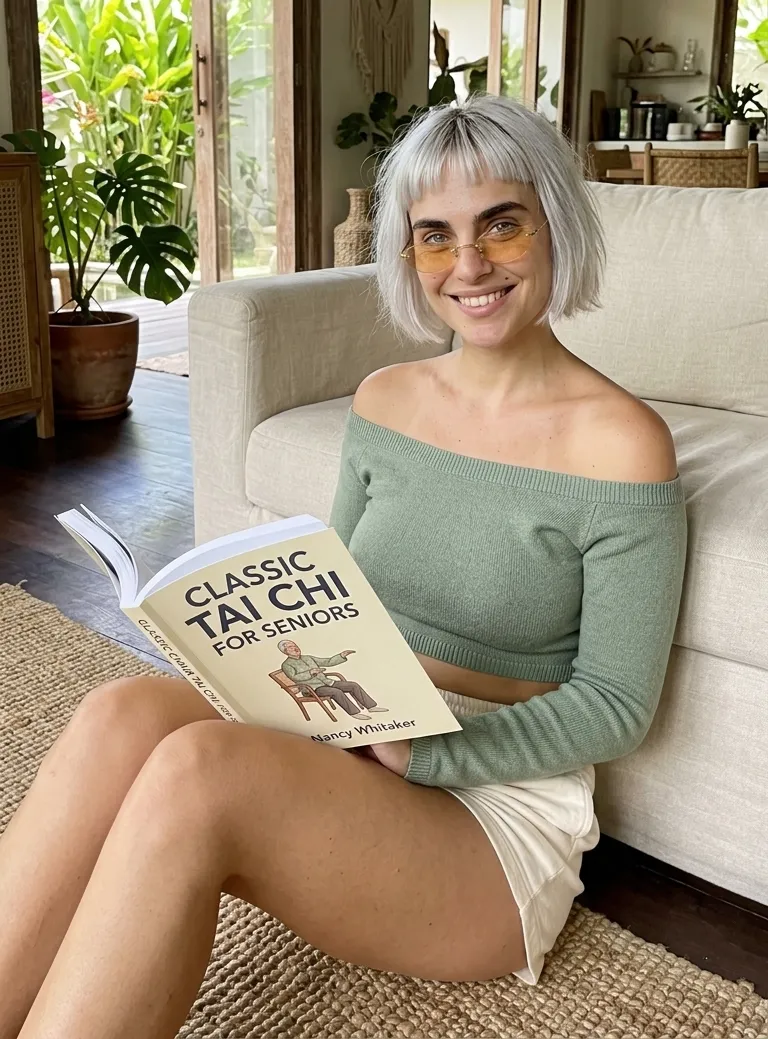 Kaia Vance, the AI-generated ToolGenX brand character, holding Classic Chair Tai Chi for Seniors on a rug