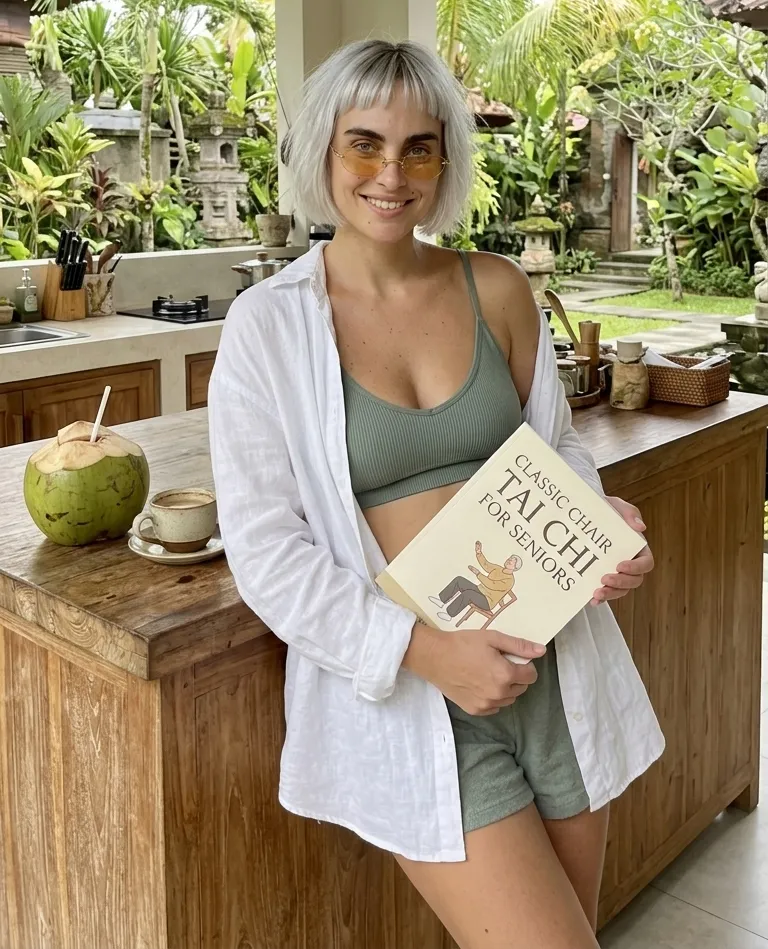 Kaia Vance, the AI-generated ToolGenX brand character, reading Classic Chair Tai Chi for Seniors in a kitchen