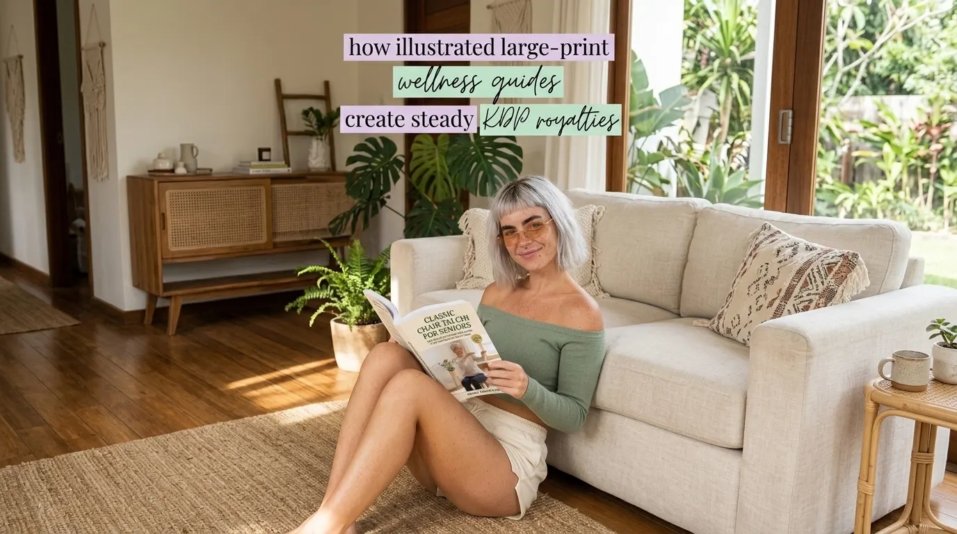 Kaia Vance, the AI-generated ToolGenX brand character, reading Classic Chair Tai Chi for Seniors by a sofa