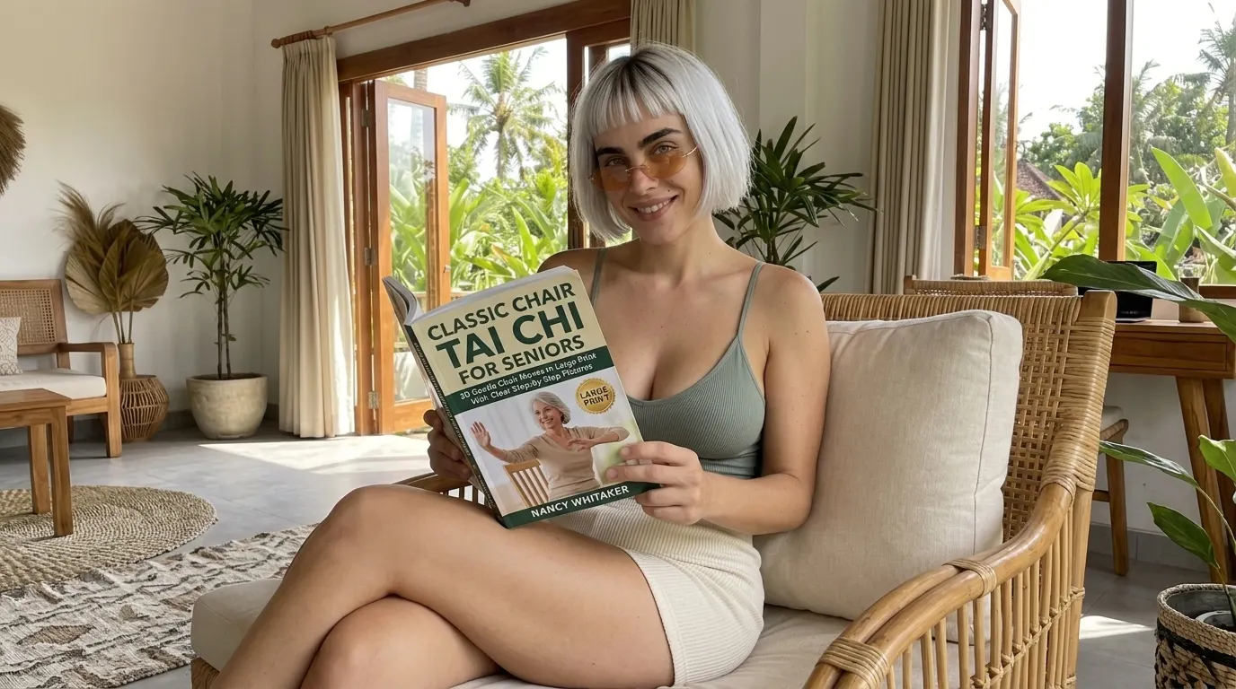 Kaia Vance, the AI-generated ToolGenX brand character, reading Classic Chair Tai Chi for Seniors in a wicker chair
