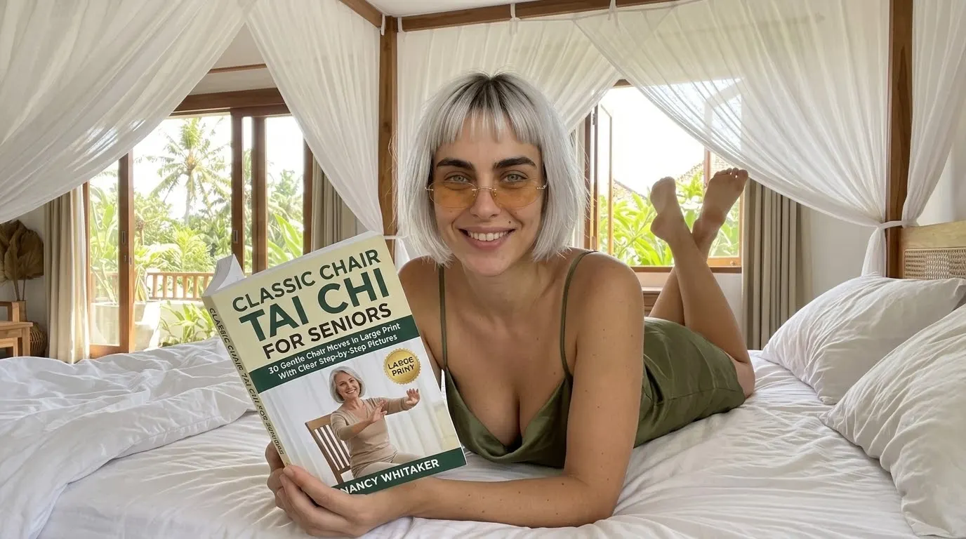 Kaia Vance, the AI-generated ToolGenX brand character, reading Classic Chair Tai Chi for Seniors on a bed