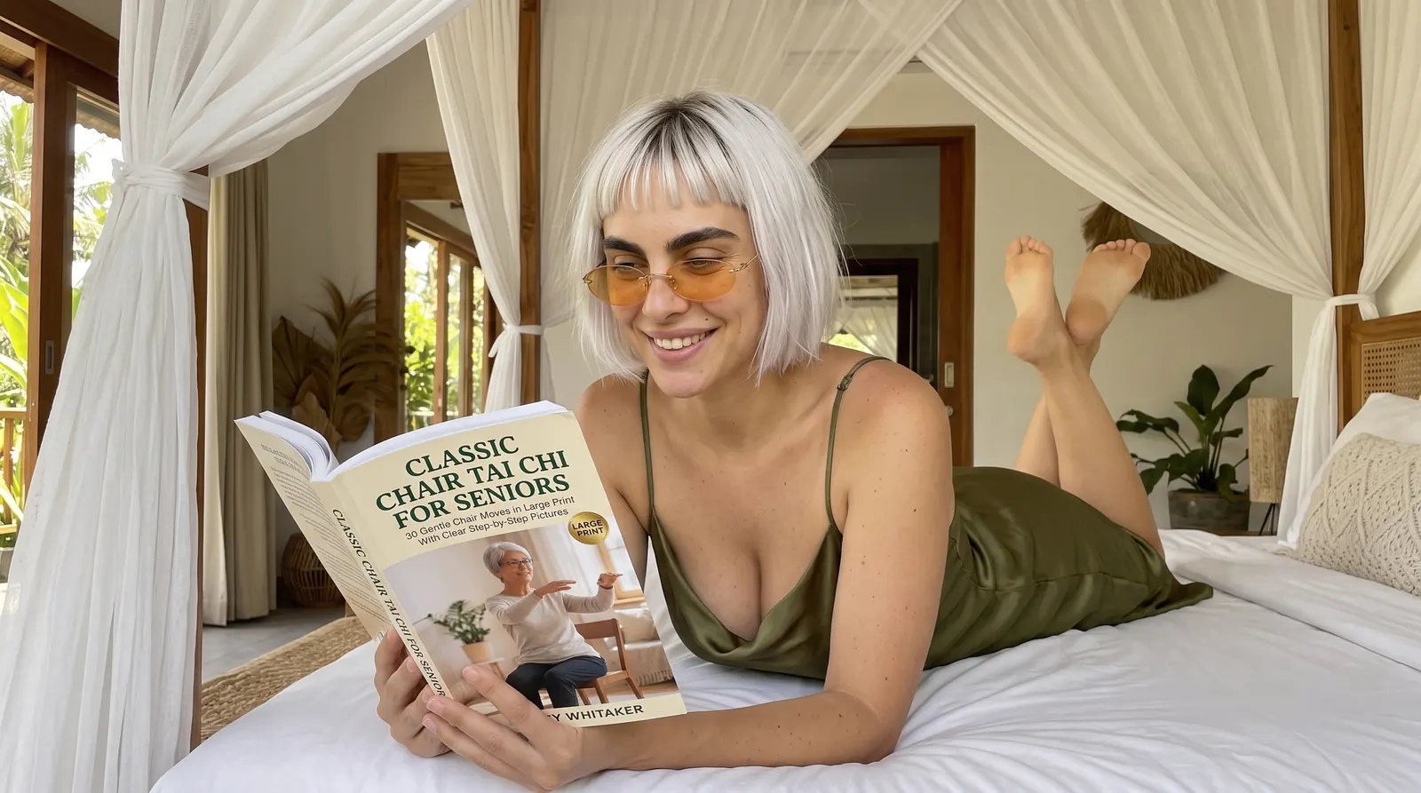 Kaia Vance, the AI-generated ToolGenX brand character, reading Classic Chair Tai Chi for Seniors on a canopy bed