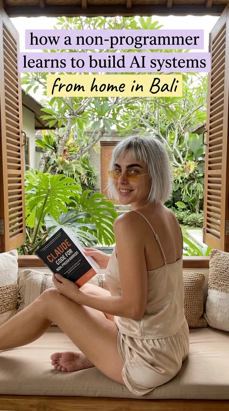 Kaia Vance, the AI-generated ToolGenX brand character, holding Claude Code for Non-Programmers in a villa