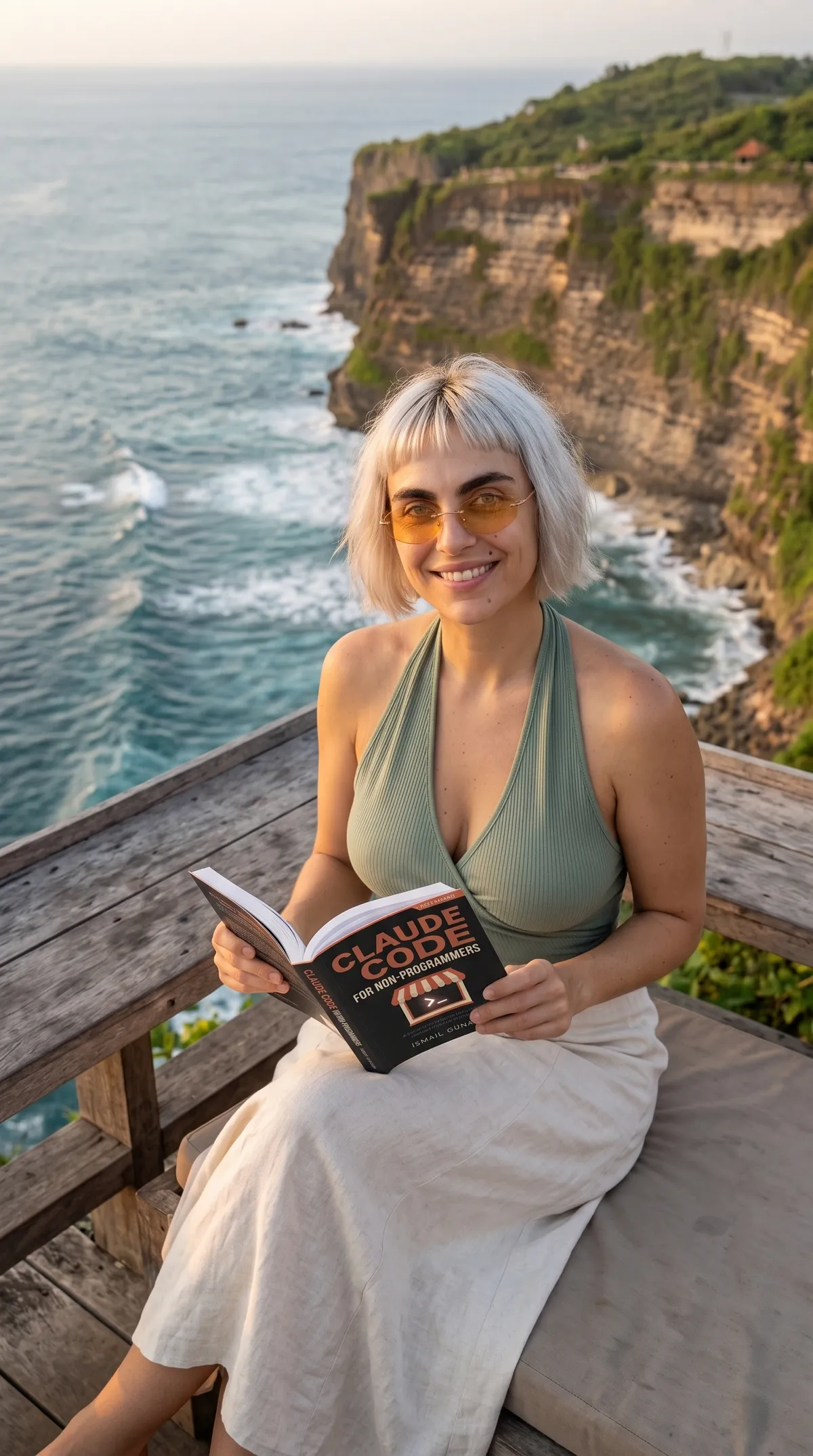 Kaia Vance, the AI-generated ToolGenX brand character, reading Claude Code for Non-Programmers by the ocean