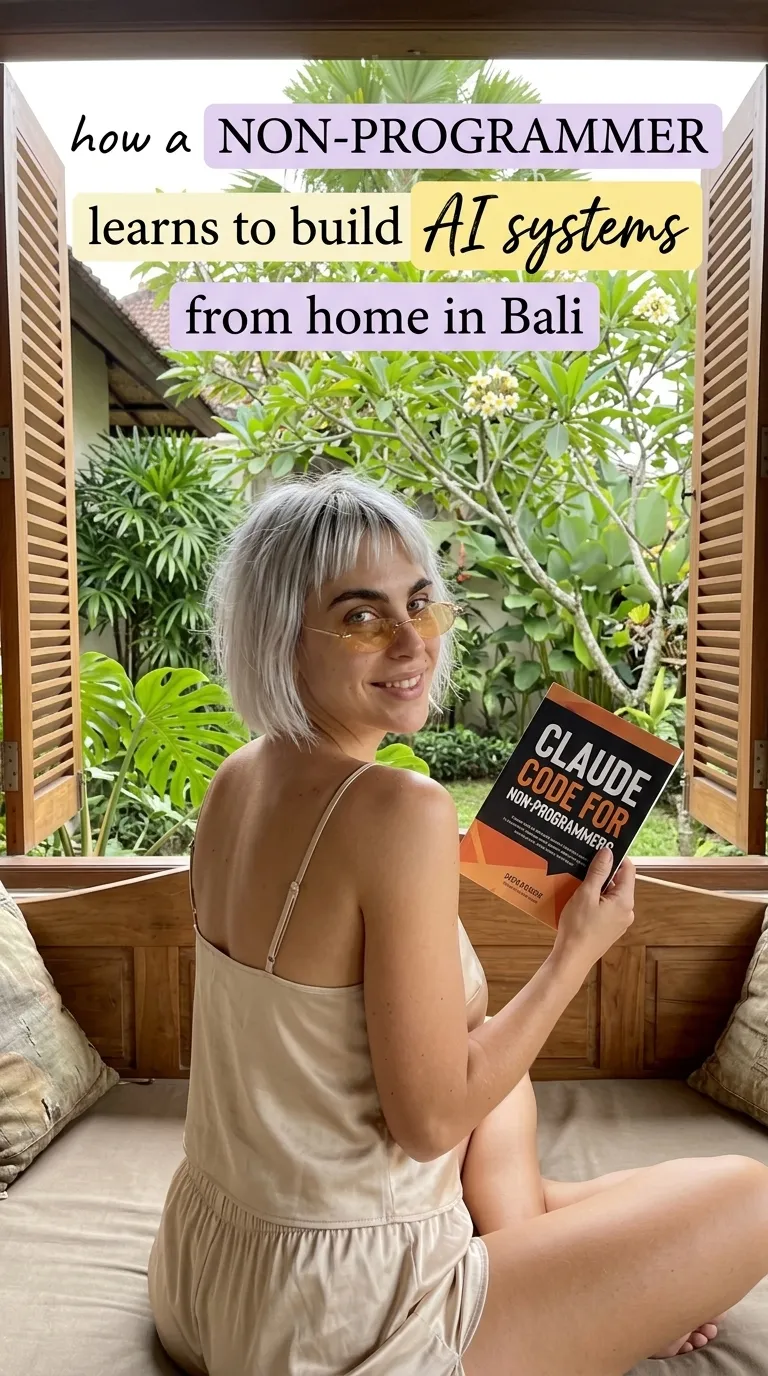 Kaia Vance, the AI-generated ToolGenX brand character, reading Claude Code for Non-Programmers in Bali