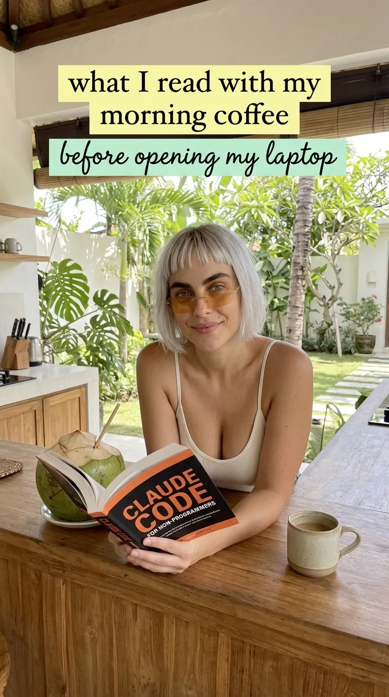 Kaia Vance, the AI-generated ToolGenX brand character, reading Claude Code for Non-Programmers in a kitchen