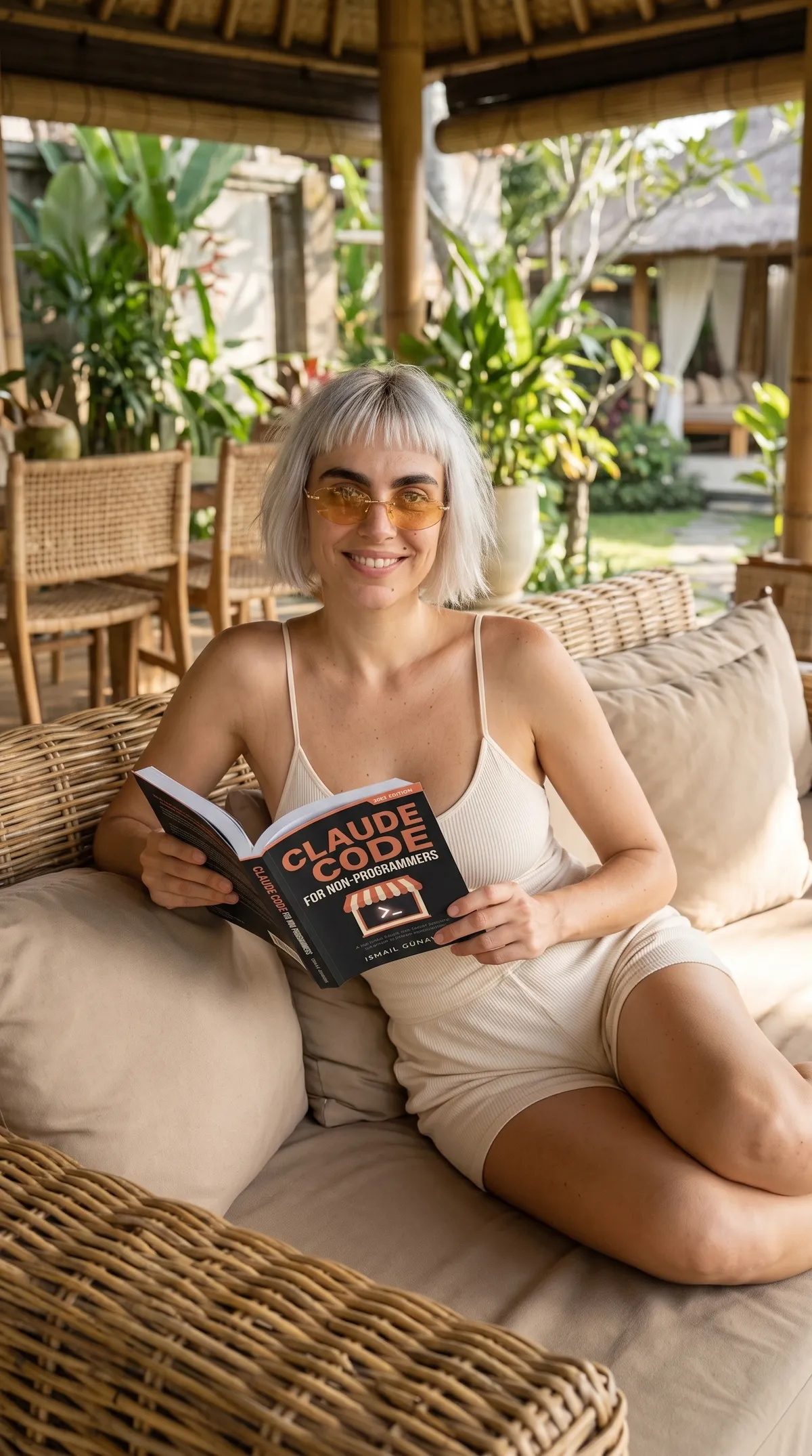 Kaia Vance, the AI-generated ToolGenX brand character, reading Claude Code for Non-Programmers on a sofa