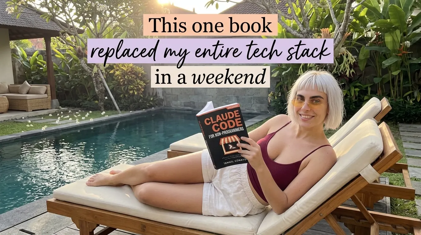 Kaia Vance, the AI-generated ToolGenX brand character, reading Claude Code for Non-Programmers by a pool