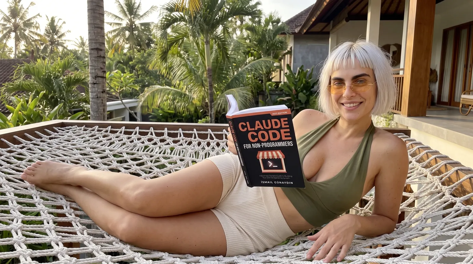 Kaia Vance, the AI-generated ToolGenX brand character, reading Claude Code for Non-Programmers in a hammock