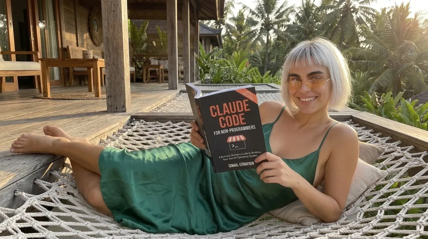 Kaia Vance, the AI-generated ToolGenX brand character, reading Claude Code for Non-Programmers in a net hammock