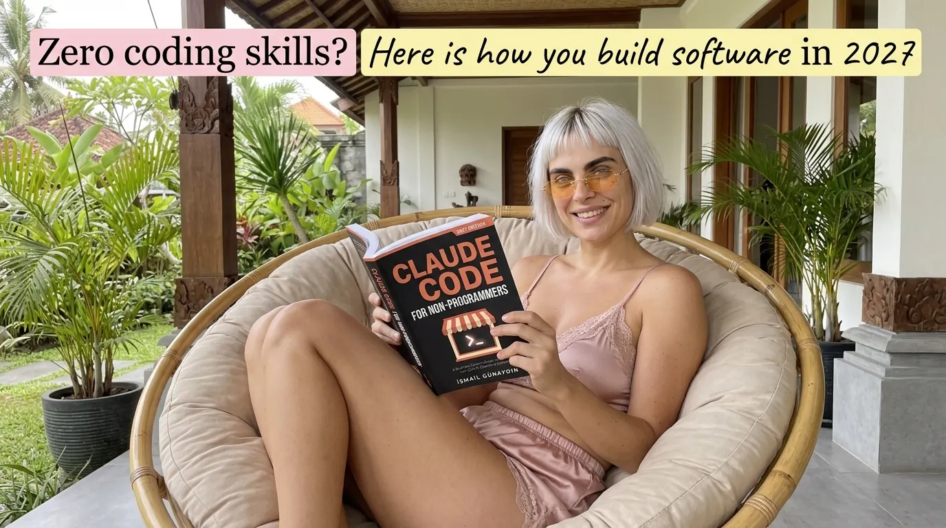 Kaia Vance, the AI-generated ToolGenX brand character, reading Claude Code for Non-Programmers in a papasan chair