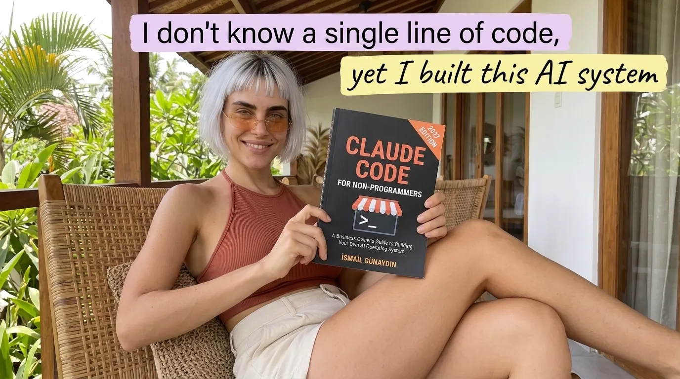 Kaia Vance, the AI-generated ToolGenX brand character, reading Claude Code for Non-Programmers in a rattan chair