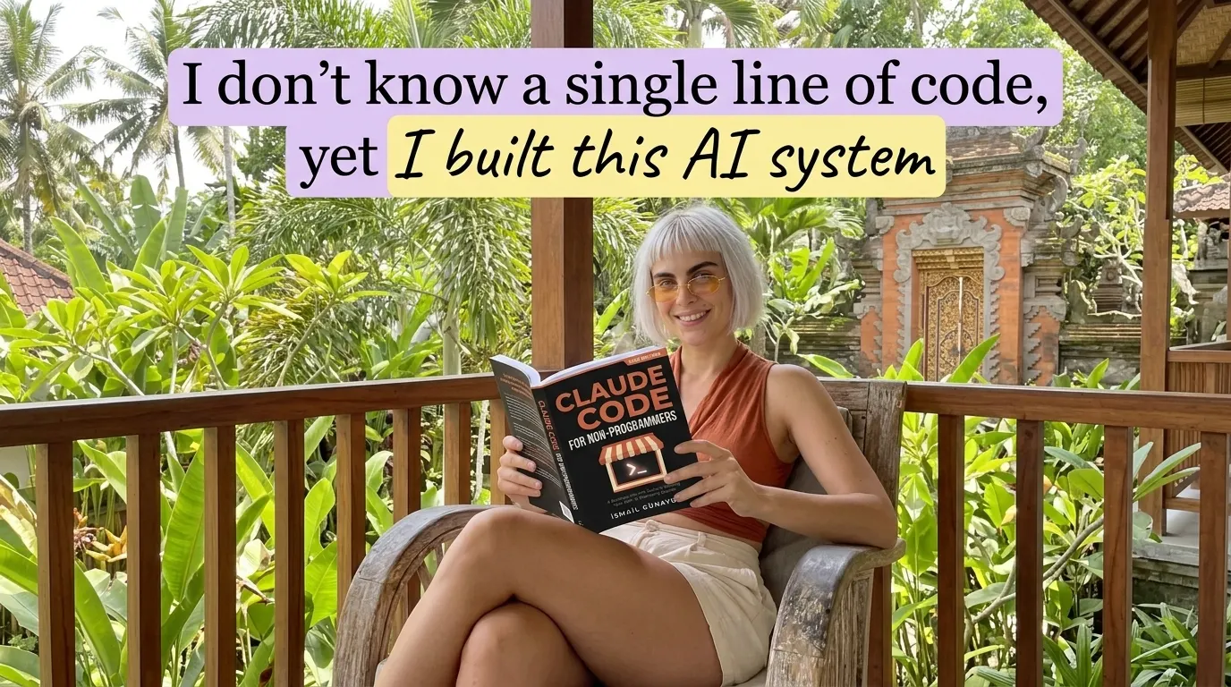 Kaia Vance, the AI-generated ToolGenX brand character, reading Claude Code for Non-Programmers on a balcony
