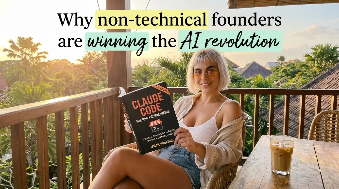 Kaia Vance, the AI-generated ToolGenX brand character, reading Claude Code for Non-Programmers on a balcony at sunset