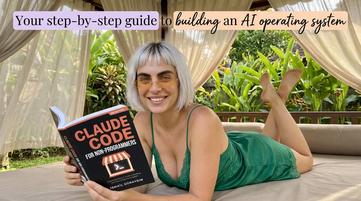 Kaia Vance, the AI-generated ToolGenX brand character, reading Claude Code for Non-Programmers on a bed
