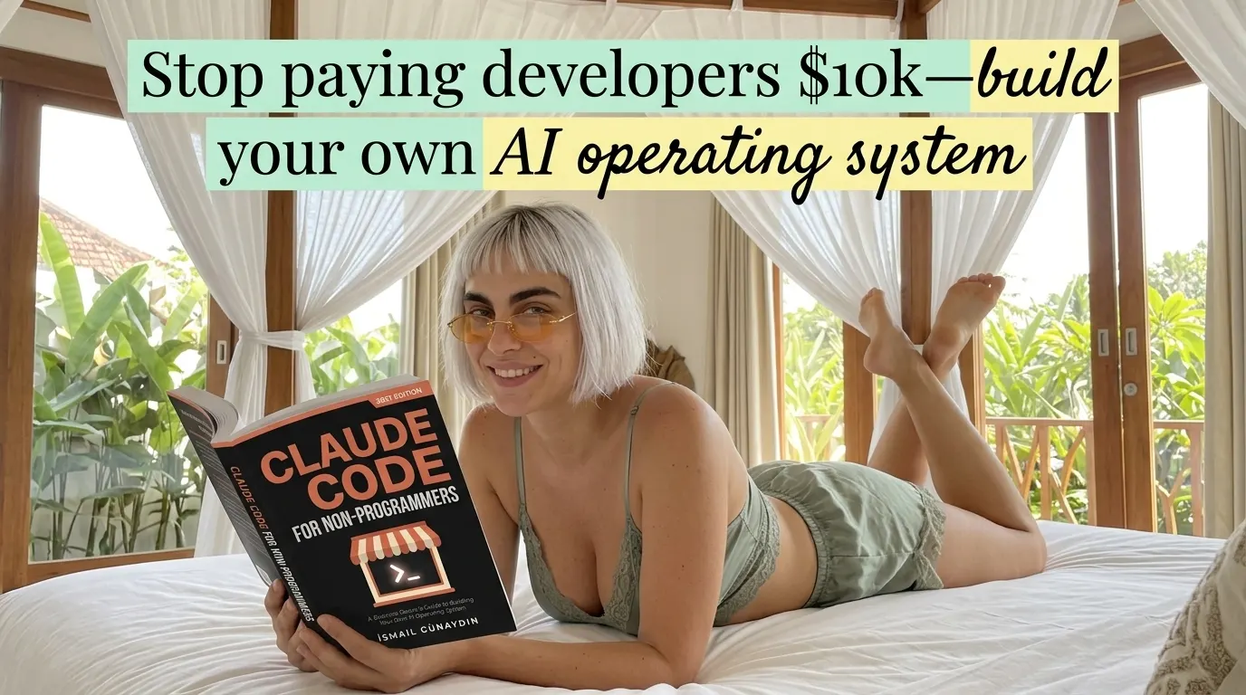 Kaia Vance, the AI-generated ToolGenX brand character, reading Claude Code for Non-Programmers on a canopy bed