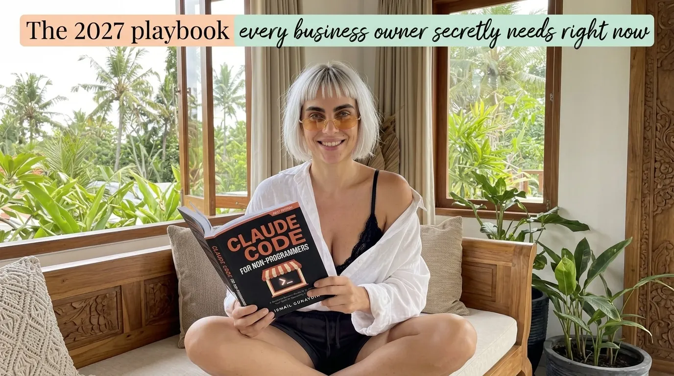Kaia Vance, the AI-generated ToolGenX brand character, reading Claude Code for Non-Programmers on a daybed