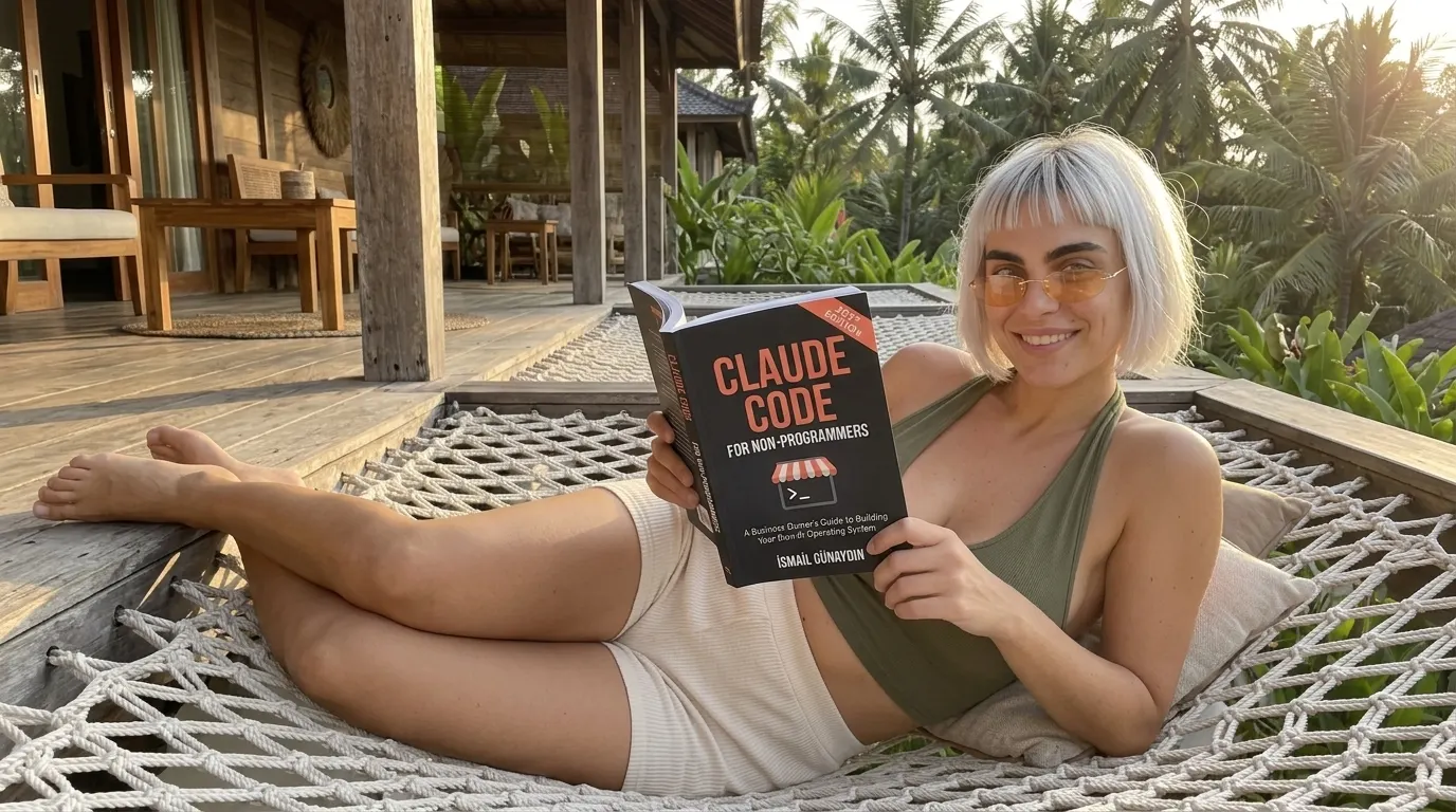 Kaia Vance, the AI-generated ToolGenX brand character, reading Claude Code for Non-Programmers on a garden hammock
