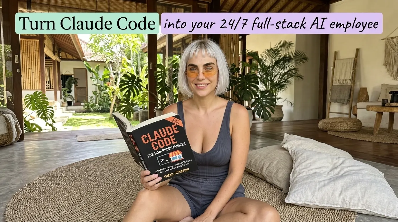Kaia Vance, the AI-generated ToolGenX brand character, reading Claude Code for Non-Programmers on a rug