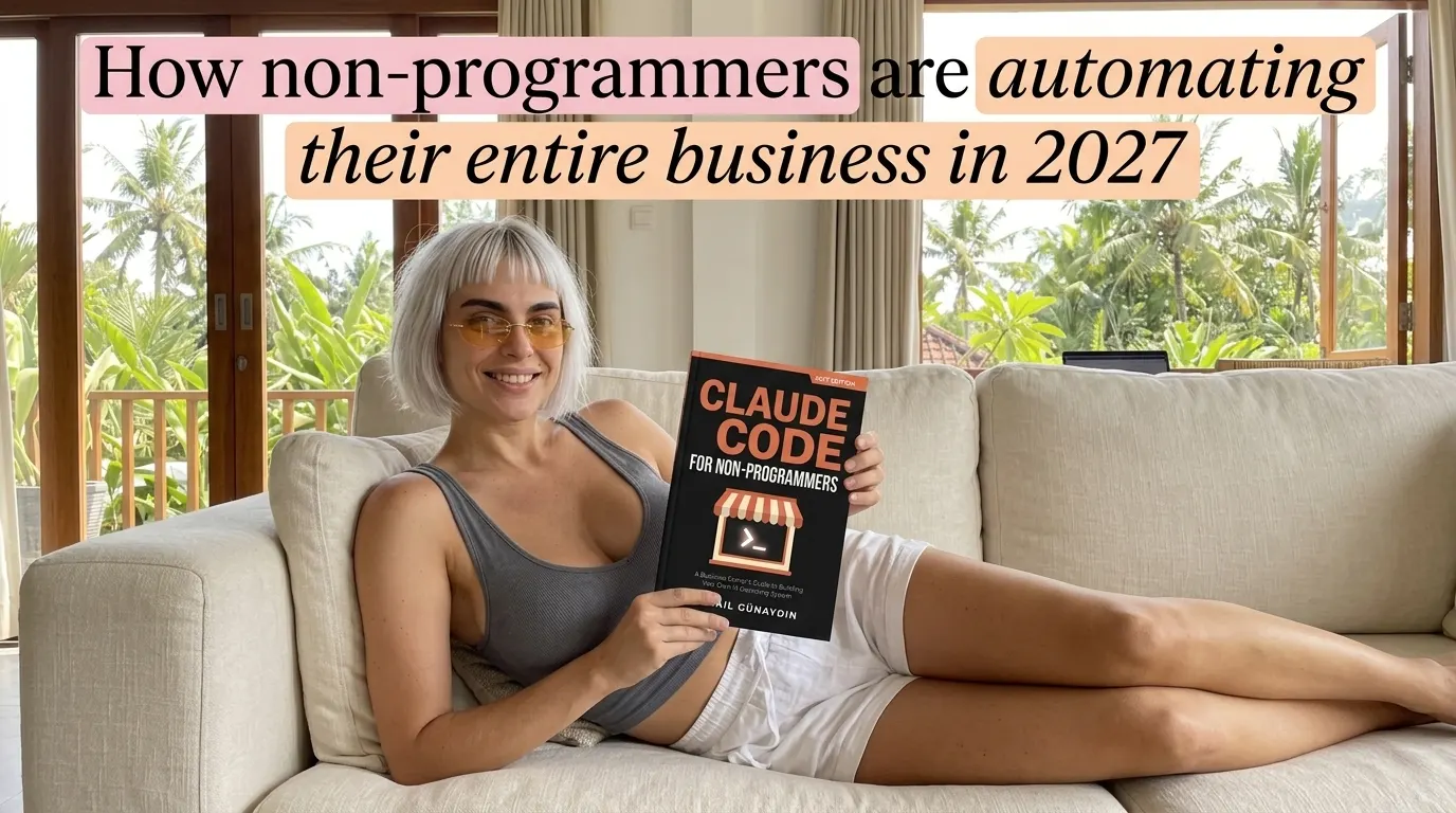 Kaia Vance, the AI-generated ToolGenX brand character, reading Claude Code for Non-Programmers on a sofa