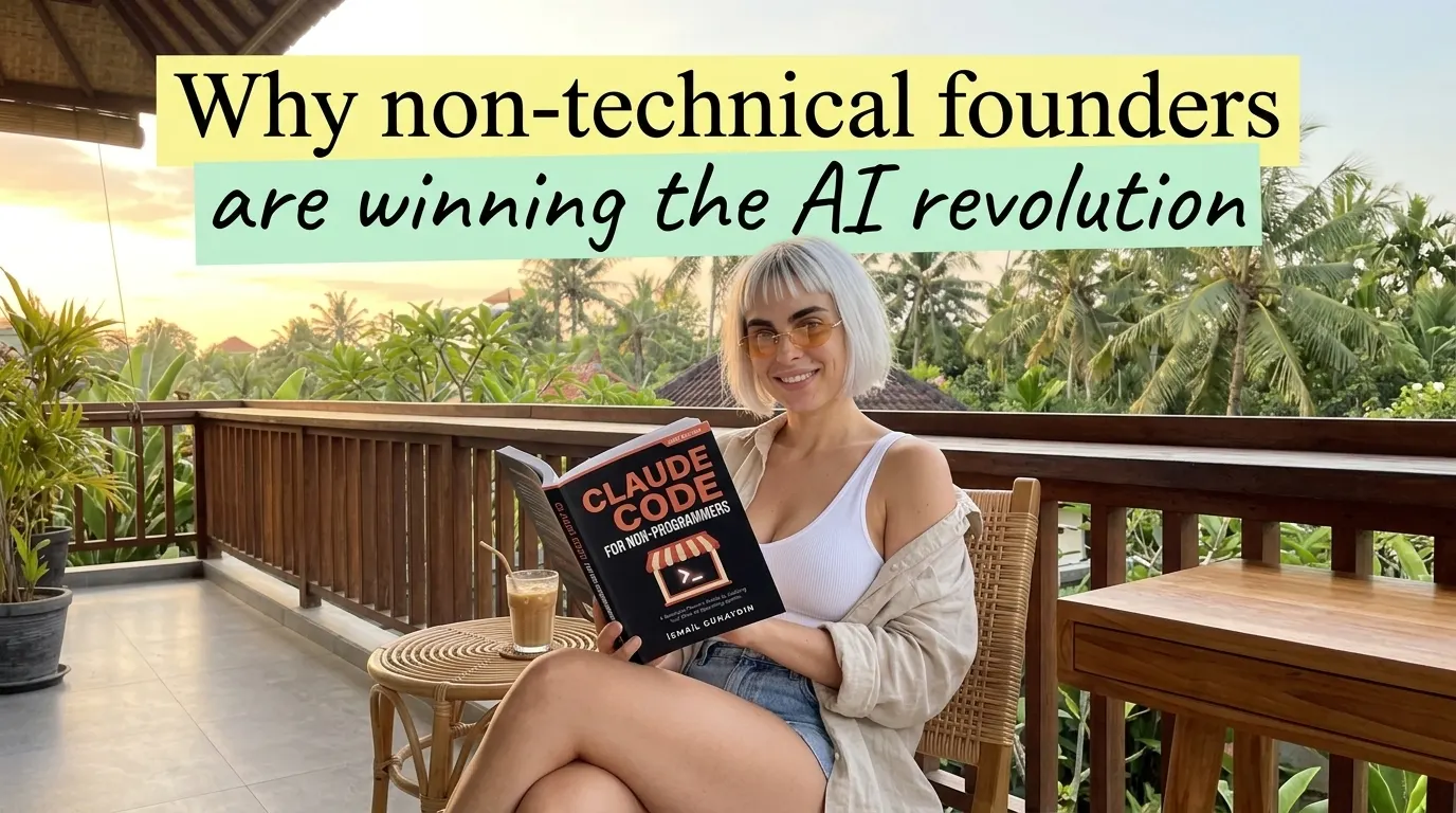 Kaia Vance, the AI-generated ToolGenX brand character, reading Claude Code for Non-Programmers on a terrace