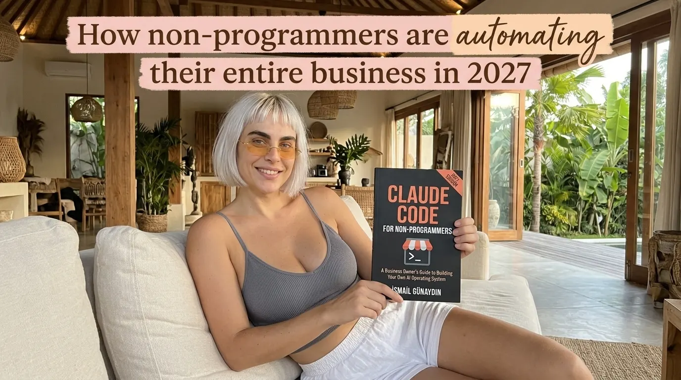 Kaia Vance, the AI-generated ToolGenX brand character, reading Claude Code for Non-Programmers on a white sofa