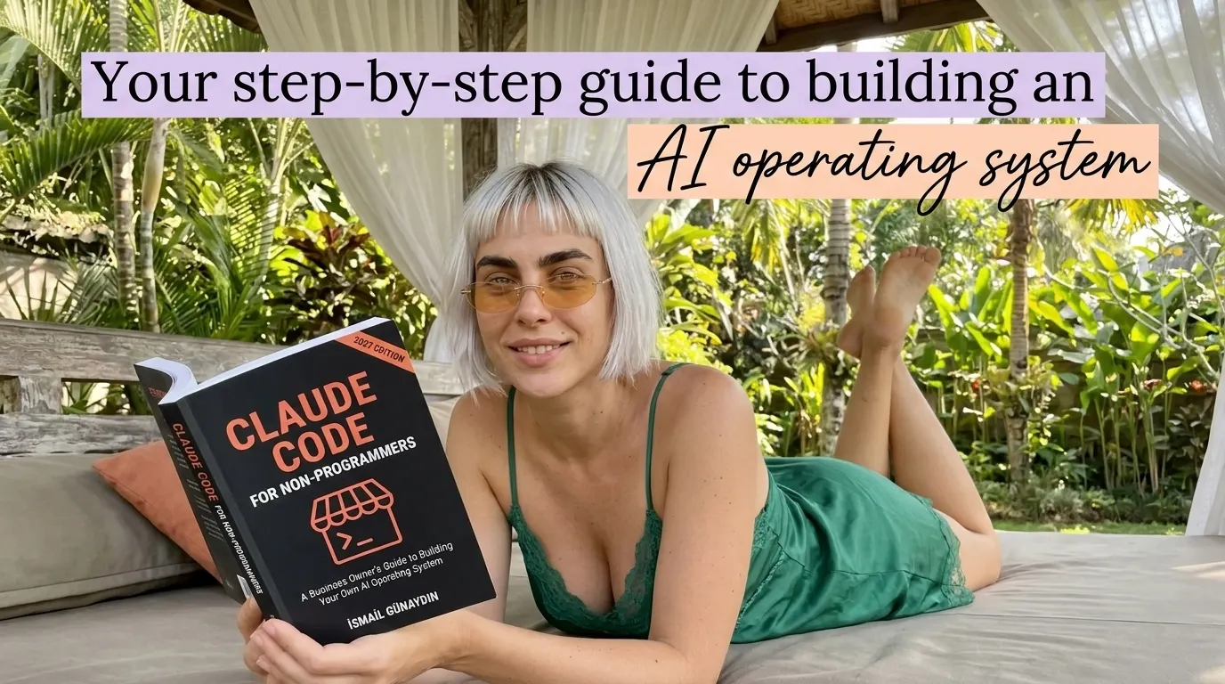 Kaia Vance, the AI-generated ToolGenX brand character, reading Claude Code for Non-Programmers on an outdoor daybed