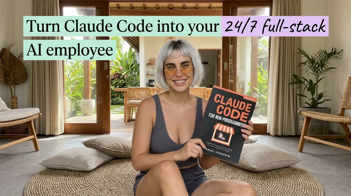 Kaia Vance, the AI-generated ToolGenX brand character, reading Claude Code for Non-Programmers on floor cushions