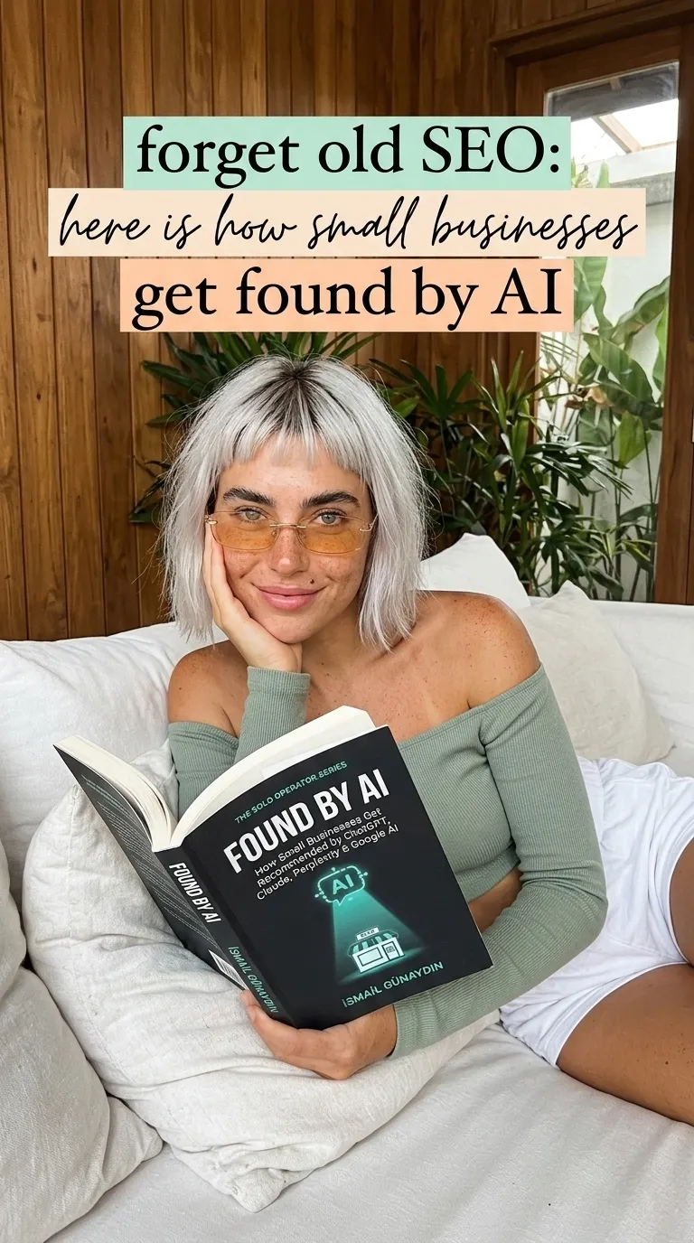 Kaia Vance, the AI-generated ToolGenX brand character, reading Found by AI at home