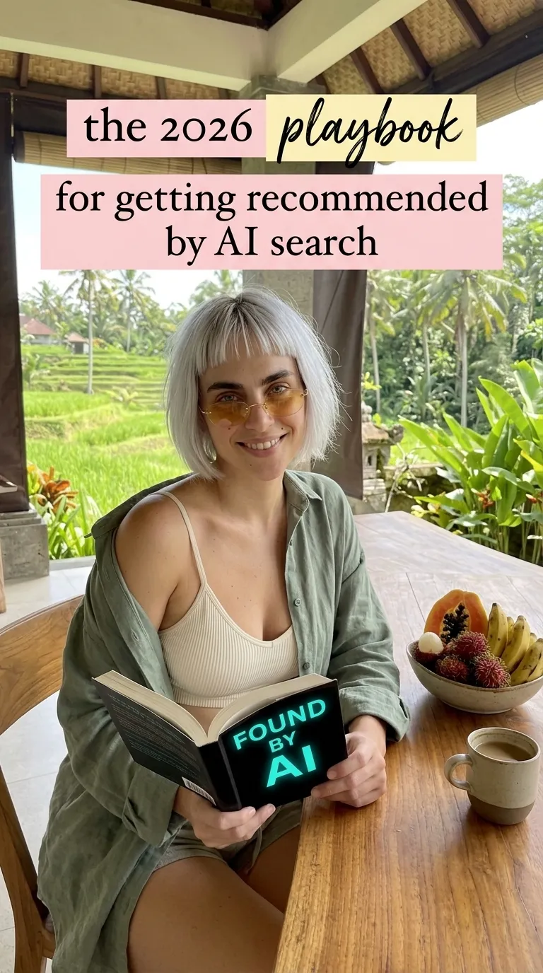 Kaia Vance, the AI-generated ToolGenX brand character, reading Found by AI at a table
