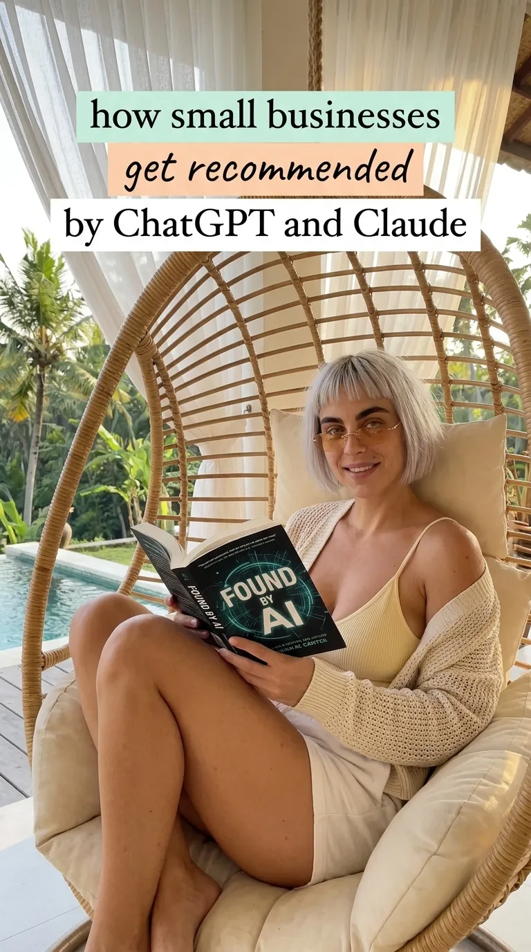 Kaia Vance, the AI-generated ToolGenX brand character, reading Found by AI in a chair