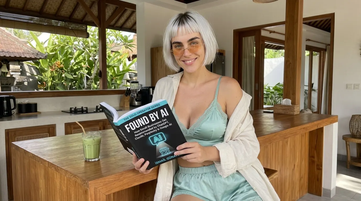 Kaia Vance, the AI-generated ToolGenX brand character, reading Found by AI at a breakfast counter