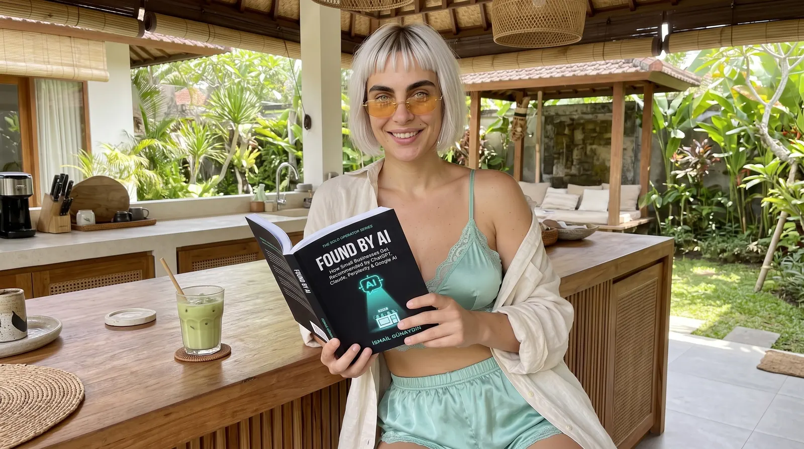 Kaia Vance, the AI-generated ToolGenX brand character, reading Found by AI at a kitchen table