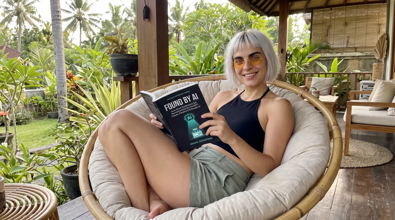 Kaia Vance, the AI-generated ToolGenX brand character, reading Found by AI in a papasan chair