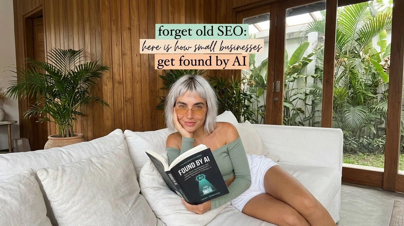 Kaia Vance, the AI-generated ToolGenX brand character, reading Found by AI on a sofa