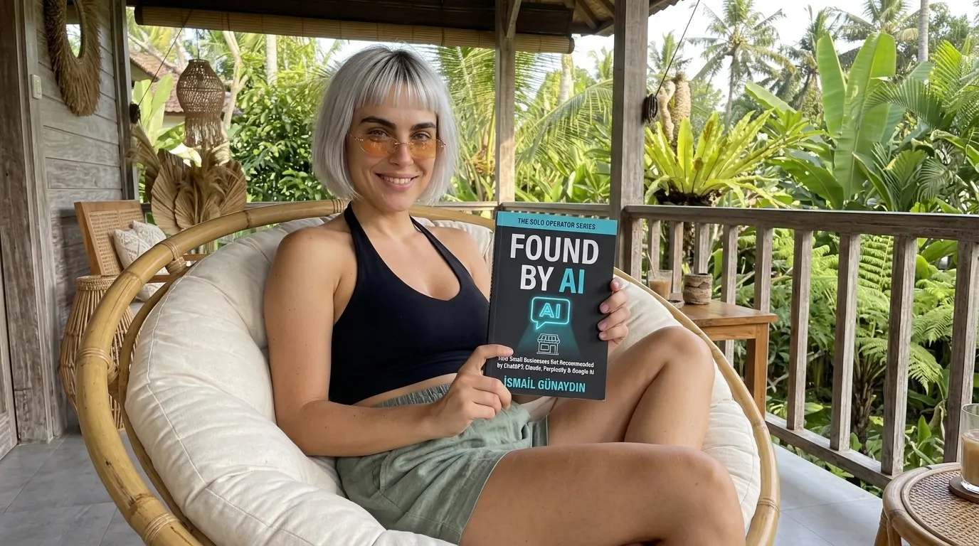 Kaia Vance, the AI-generated ToolGenX brand character, reading Found by AI on a veranda