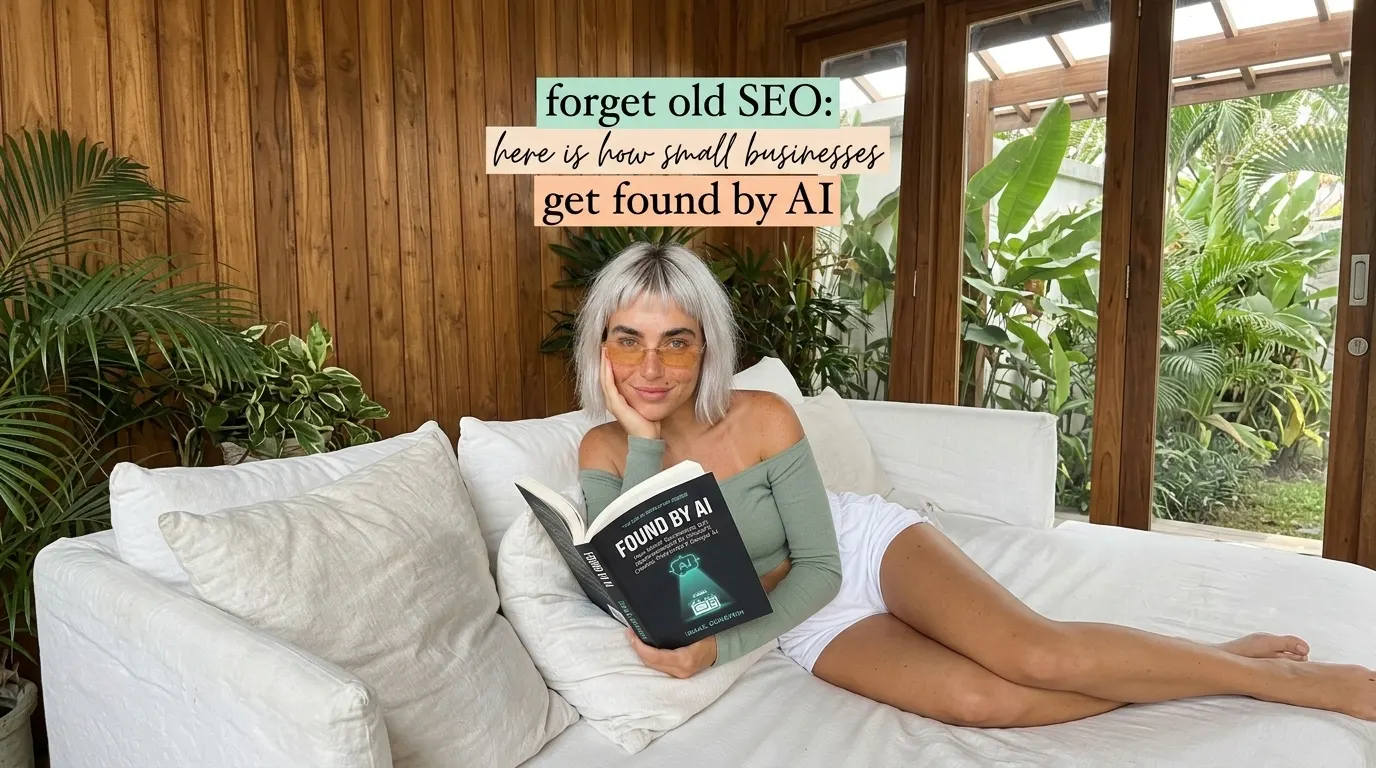 Kaia Vance, the AI-generated ToolGenX brand character, reading Found by AI on a white sofa