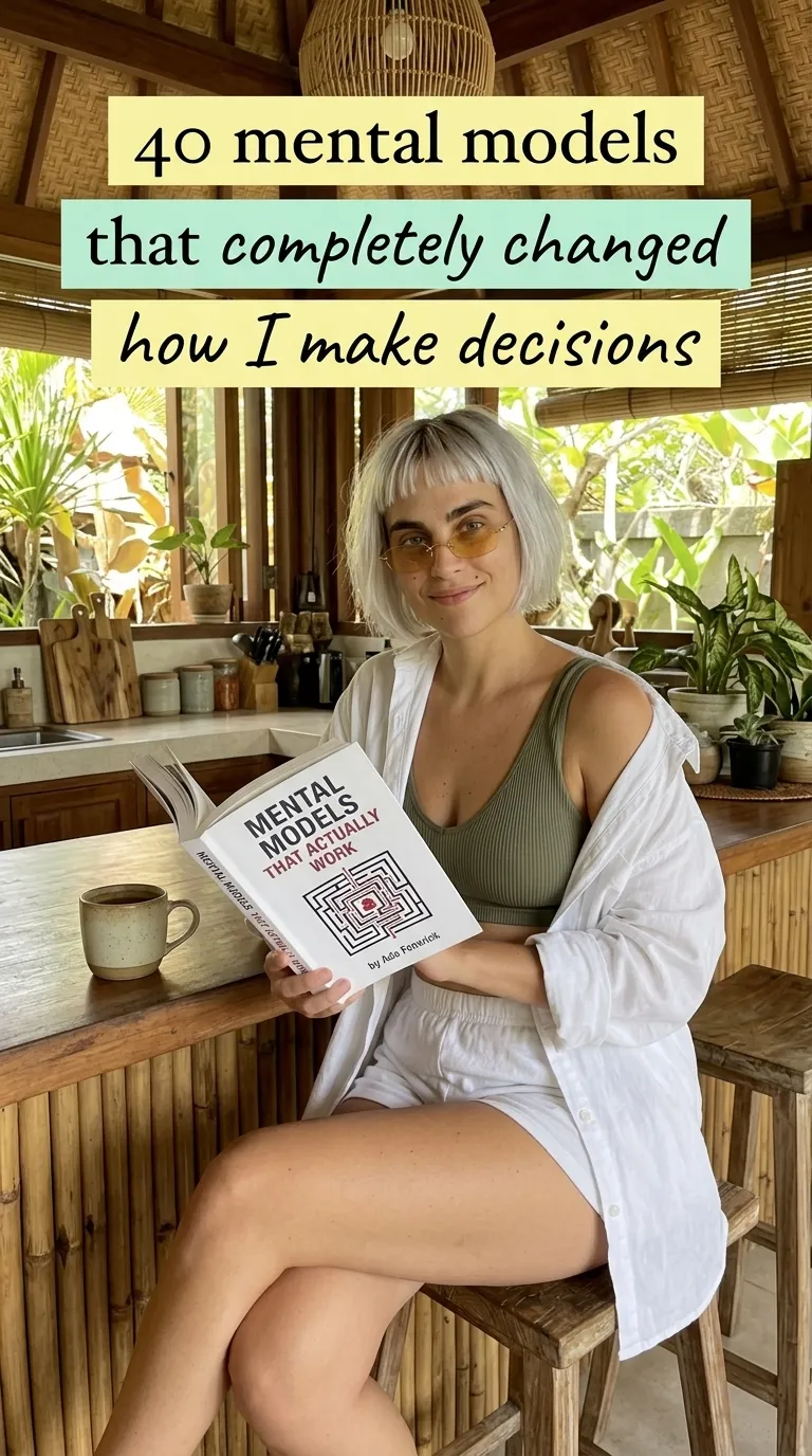 Kaia Vance, the AI-generated ToolGenX brand character, holding Mental Models That Actually Work in a kitchen