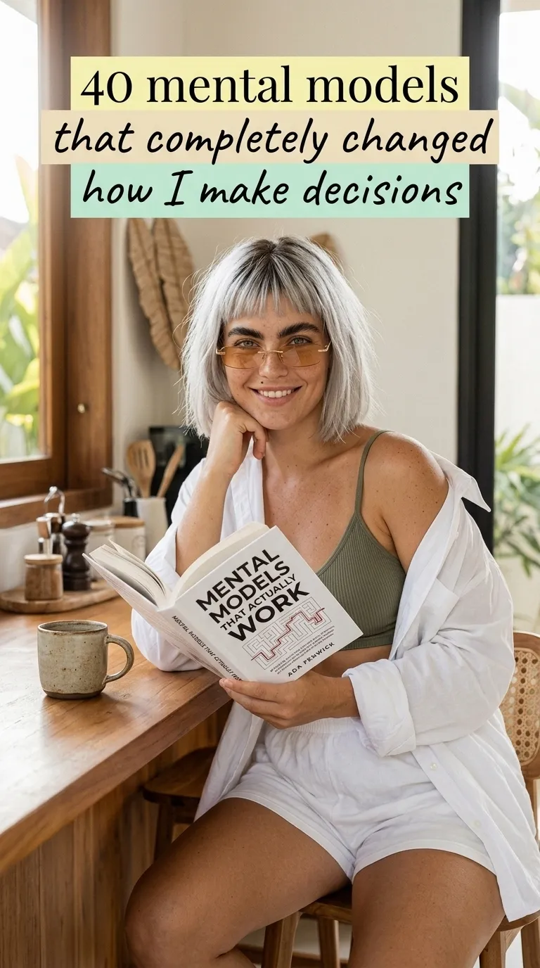 Kaia Vance, the AI-generated ToolGenX brand character, reading Mental Models That Actually Work at home