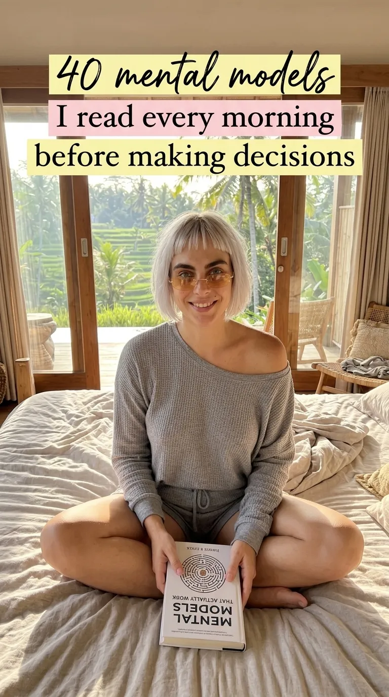 Kaia Vance, the AI-generated ToolGenX brand character, reading Mental Models That Actually Work in bed